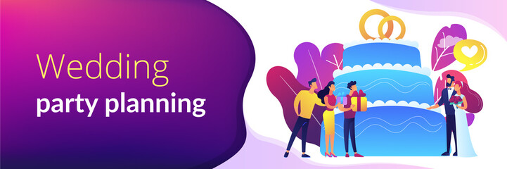Bride and groom at wedding party and guests with gifts at big cake. Wedding party planning, bridal party ideas, bridesmaid dresses and gowns concept. Header or footer banner template with copy space.
