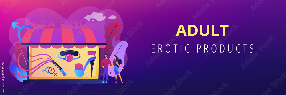 Wall mural Couple shopping in adult shop with sexual entrtainment toys and accessories. Sex shop, online sex store, adult erotic products concept. Header or footer banner template with copy space.