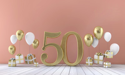 Number 50 birthday party composition with balloons and gift boxes. 3D Rendering