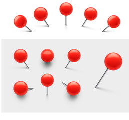 Set of red push pins. Thumbtacks ready for your design. Different angle view. Vector illustration isolated on white background. EPS10.