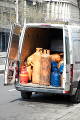 Cylinder gas bottles stored in a delivery van