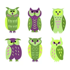 Fotobehang a set of six cute, cool owls without contour painted © Людмила Мирончак
