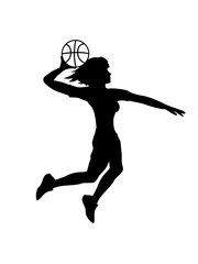 Fototapeta na wymiar springen dunking basketball dunk frau weiblich mädchen cool logo treffer tor im netz korb werfen spielen verein spaß sport stange club team crew spiel fan trikot clipart design