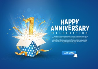1 st year anniversary banner with open burst gift box. Template first birthday celebration and abstract text on blue background vector illustration - obrazy, fototapety, plakaty