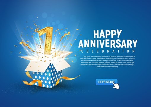 1 st year anniversary banner with open burst gift box. Template first birthday celebration and abstract text on blue background vector illustration