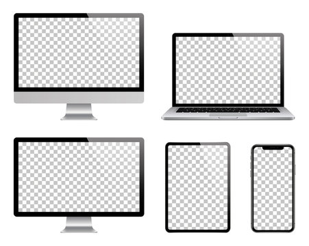 Laptop, computer, tablet, smartphone and monitor set. Realistic vector