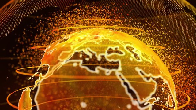 Yellow & orange 3D rendering of earth technology, business and communications background. Earth globe rotation with plexus particles around. TV news