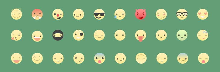 Basic face emojis, emoticons, emotions flat vector illustration symbols. Hands, faces, feelings, situations, shy, embarrassed, smile, mood, joke, lol, laugh, cry, happy, smileys icons	