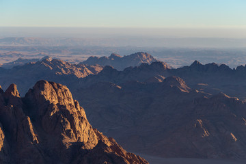 Egypt. Mount Sinai in the morning at sunrise. (Mount Horeb, Gabal Musa, Moses Mount). Pilgrimage place and famous touristic destination.