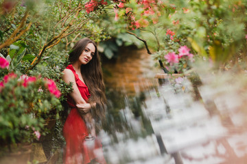 Naklejka premium Young beautiful caucasian woman in glass greenhouse among colorful azalea flowers. Art portrait of a long-haired girl wearing a romantic red dress.