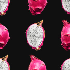 Dragon fruit Seamless pattern Whole and half of pitaya fruits on a black background Bright template for print