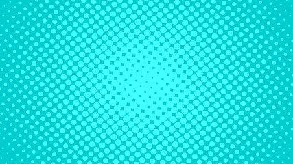Blue and turquoise pop art background in comics style with halftone dots design, vintage kitsch vector backdrop with isolated dots