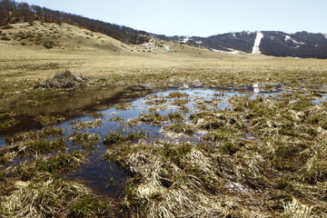 Pond in an early spring day in Castelluccio Valley, Norcia, Umbria, Italia