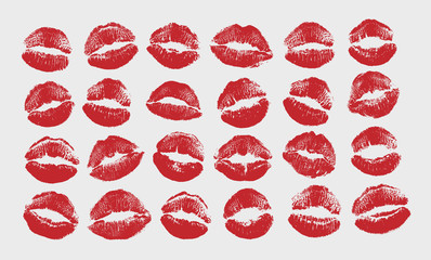 Print of red lips set. World kiss day, Valentine's day design elements. Vector illustration of womans girl red lipstick kiss mark isolated on white background.