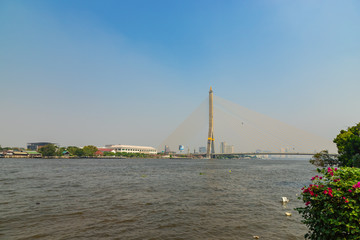 Obraz premium Rama VIII bridge - Rope Bridge across the Chao Phraya River - Bangkok, Thailand