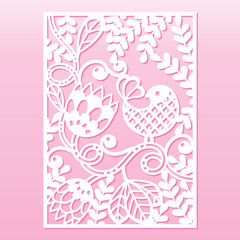 Lace greeting card with flowers and bird. Laser cutting template.