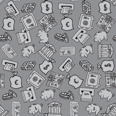 Hand drawn business finance supplies in seamless pattern. Vector illustration