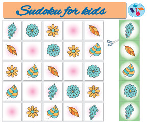 Fototapeta na wymiar Sudoku for kids with colorful geometric figures. Game for preschool kids