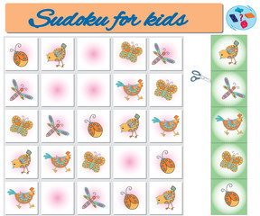 Fototapeta na wymiar Sudoku for kids with colorful geometric figures. Game for preschool kids