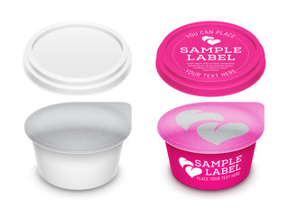 Vector labeled round plastic container sealed with foil. Packaging mockup illustration.