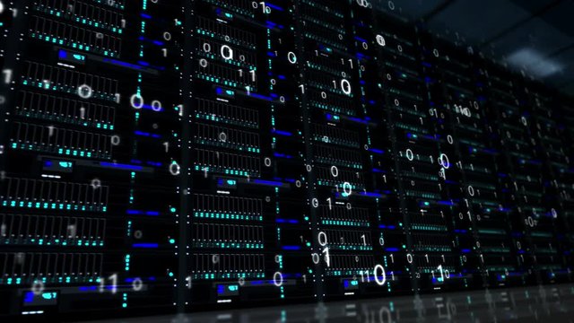 Fly beside server racks wall with dynamic digital holograms. Loopable and seamless 3D concept of big data storage, digital database, cyber security, artificial intelligence and information analizing.