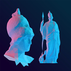Vibrant Greek Goddess Athena. Set of Holographic Sculptures on Isolated Background. Low Poly Vector 3D Rendering