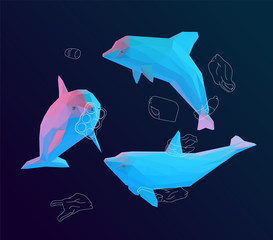 Vibrant Dolphin. Set of Holographic Dolphins and Ocean Pollution on Isolated Background. Low Poly Vector 3D Rendering