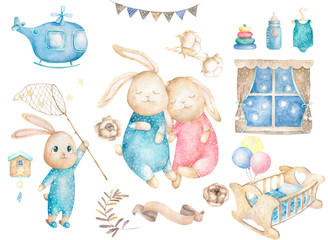 Watercolor isolated cute watercolor Bunny clipart. Nursery rabbit illustration. Baby poster. Trendy pink cartoon animal. Birthday invite card, Dreamer style, Celebration postcard