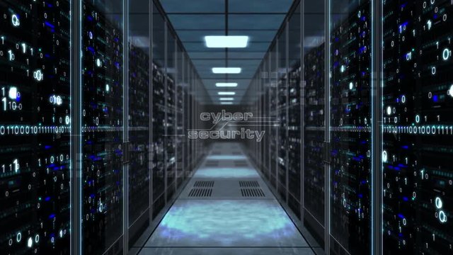 Cyber security with padlock symbol on glass door in server room. Flight through the corridor with large computer racks. Endless and loopable 3D abstract concept animation.