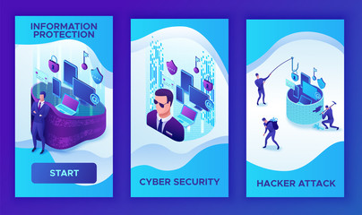 Mobile vertical 3 template of Data protection concept, cyber security 3d isometric vector illustration, firewall attack, phishing scam, information safety , laptop, computer, bank card