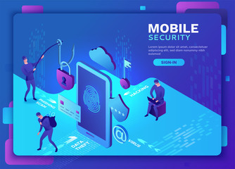 Mobile security concept, data protection, cyber crime, 3d isometric vector illustration, fingerprint, phishing scam, information protection, smartphone safety