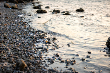 Fototapeta na wymiar Sunset in Islamorada, Florida Keys with water on gulf of Mexico or Atlantic Ocean shore on island shallow tide rocky beach