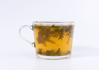 green herbal tea in a transparent cup isolated on white background