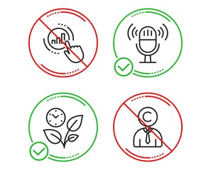 Do or Stop. Graph chart, Microphone and Leaves icons simple set. Copyrighter sign. Get report, Mic, Grow plant. Writer person. Business set. Line graph chart do icon. Prohibited ban stop. Good or bad