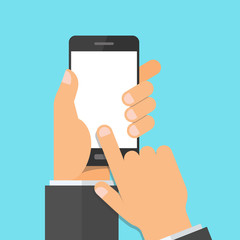 Illustration of touch screen mobile phone and pointing with finger.