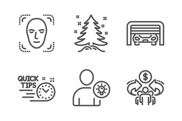 Christmas tree, User idea and Quick tips icons simple set. Face detection, Parking garage and Sharing economy signs. Spruce, Light bulb. Business set. Line christmas tree icon. Editable stroke. Vector