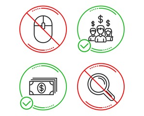 Do or Stop. Salary employees, Computer mouse and Banking icons simple set. Research sign. People earnings, Pc equipment, Money payment. Magnifying glass. Business set. Line salary employees do icon