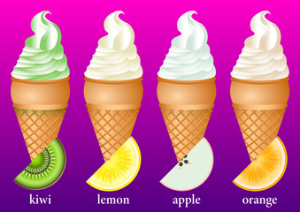 different types of ice cream in waffle cups: kiwi, lemon, apple, orange