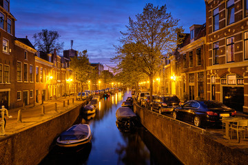 Canal and houses in the evening. Haarlem, Netherlands