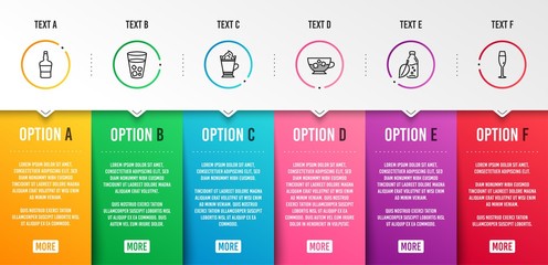Ice tea, Water bottle and Scotch bottle icons simple set. Cold coffee, Latte coffee and Champagne glass signs. Soda beverage, Mint leaf drink. Food and drink set. Infographic template. Vector