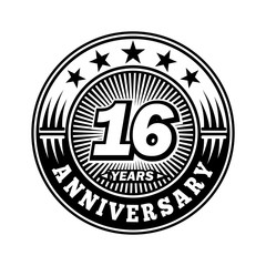 16 years anniversary. Anniversary logo design. Vector and illustration.