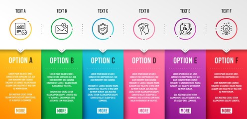 Checked calculation, New mail and Confirmed icons simple set. Mindfulness stress, Algorithm and Idea signs. Statistical data, Add e-mail. Education set. Infographic template. 6 steps timeline. Vector