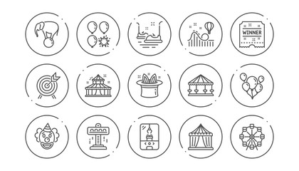 Amusement park line icons. Carousel, Roller coaster and Circus. Clown linear icon set. Line buttons with icon. Editable stroke. Vector