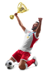 Professional soccer player celebrates winning. Soccer celebration. Medal on the neck. Isolated on...