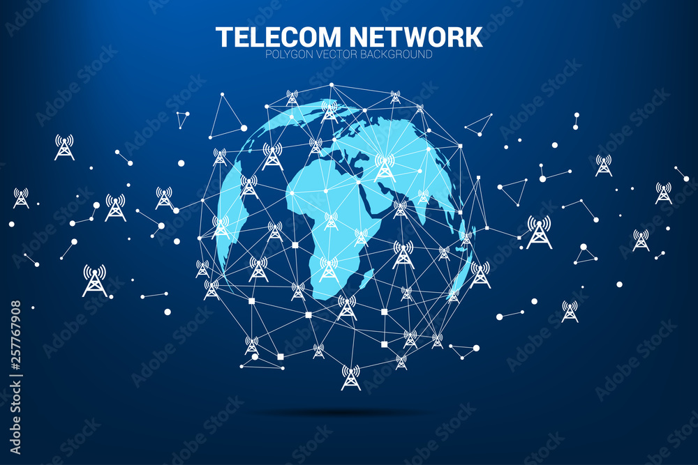 Fototapete Vector Polygon dot connect line with antenna tower icon around world map globe. Concept for mobile phone data sim card technology.