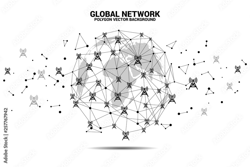 Aufkleber vector polygon dot connect line with antenna tower icon around world map globe. concept for mobile p