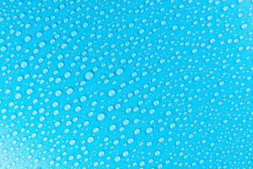 Droplets of water on a blue, matte background illuminated with a delicate light.