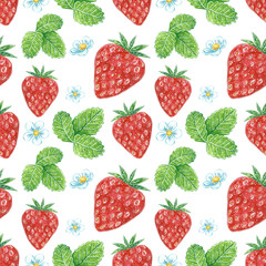 Strawberry seamless pattern made of berries and leaves, hand drawn botanical illustration isolated on white.