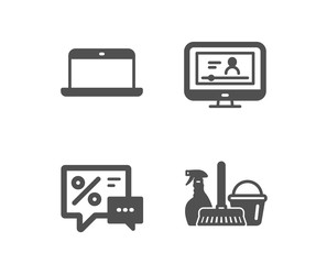 Set of Laptop, Discounts and Online video icons. Household service sign. Mobile computer, Best offer, Video exam. Cleaning equipment.  Classic design laptop icon. Flat design. Vector