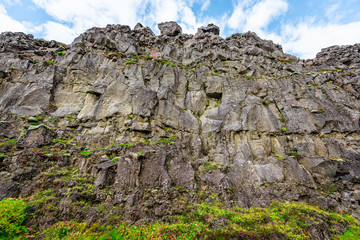 Thingvellir, Iceland National Park canyon continental divide plate during day landscape wide angle closeup on Golden circle